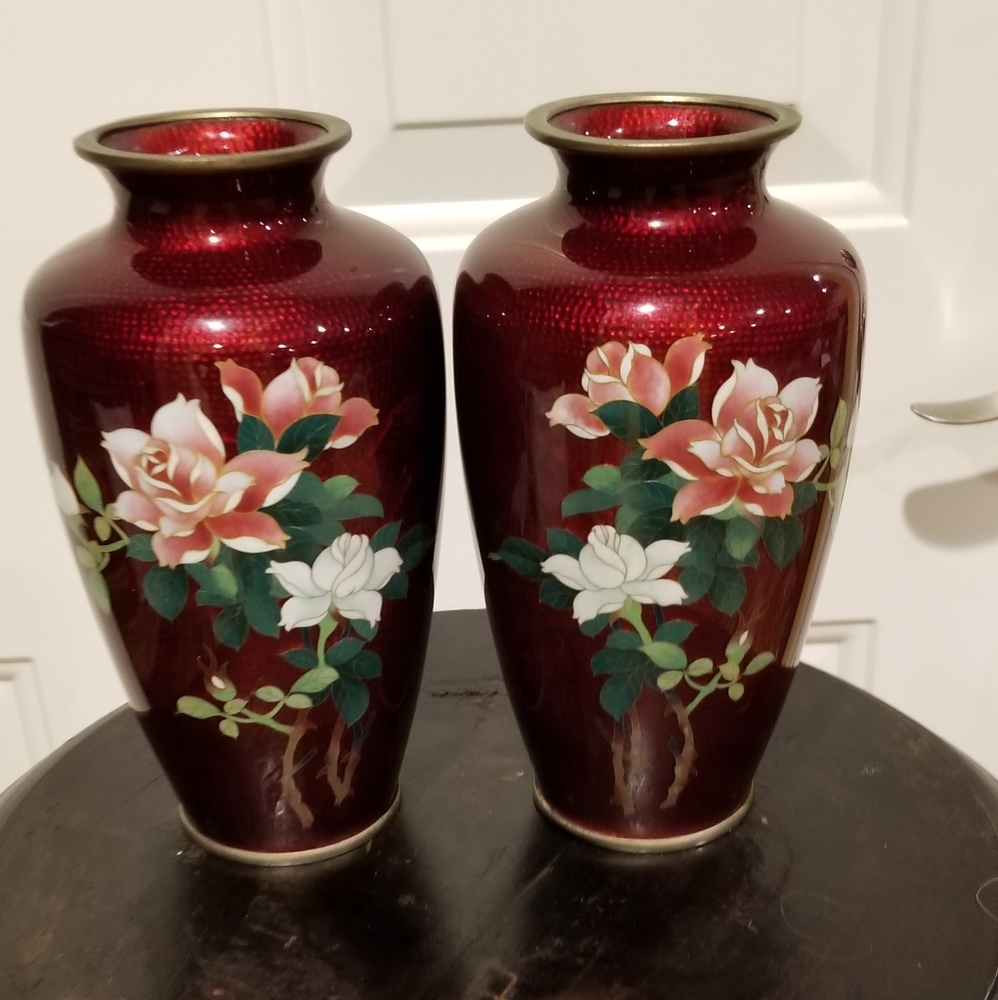 2  Mirror Image Japanese Ginbari Cloisonne Ando Sato Pigeon Blood Rose V…